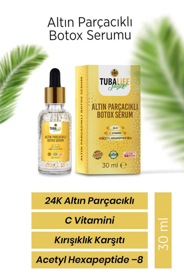 Altın parçacıklı botox etkili cilt serumu detay görseli – ince çizgilere karşı formülü, hafif yapısı ve parlak serum dokusu