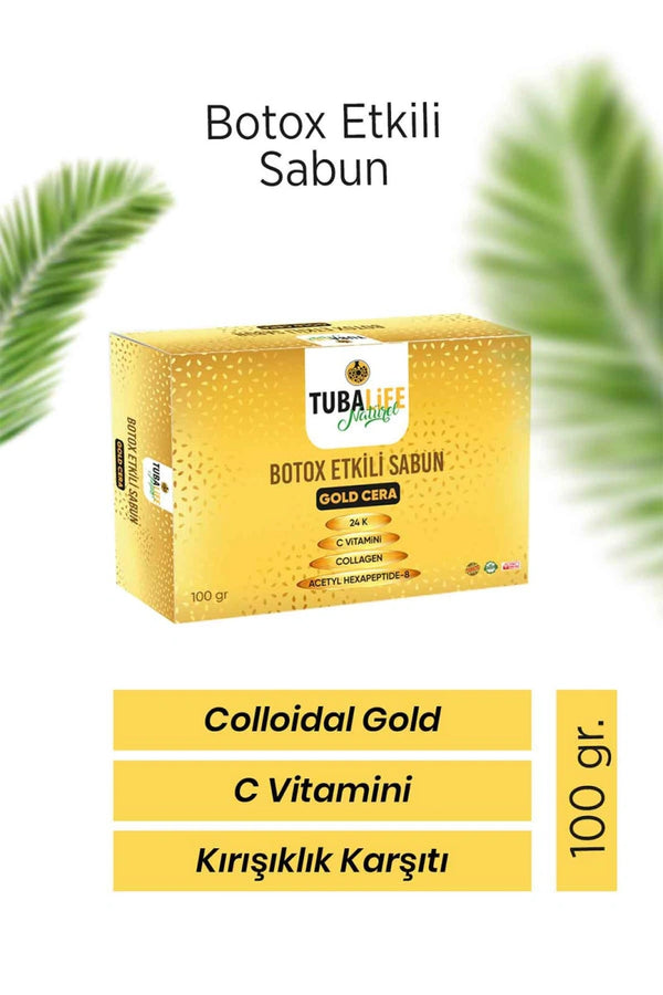 Gold Cera sabunun içeriğinde bulunan kolloidal altın ve vitamin C vurgulu detay görsel – TUBALIFE