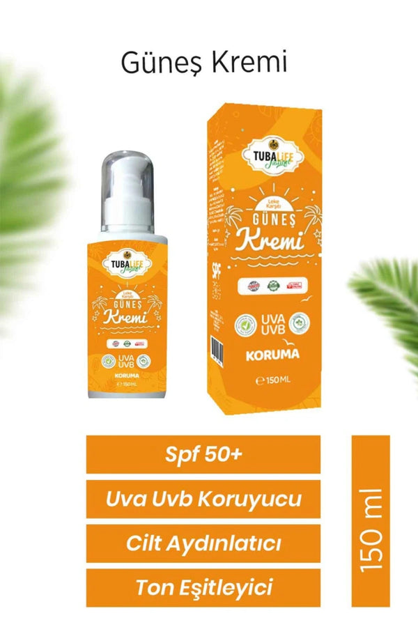 TUBALIFE SPF50+ Güneş Kremi – ürün dokusu, kullanım önerisi ve ambalaj detaylarını gösteren görsel