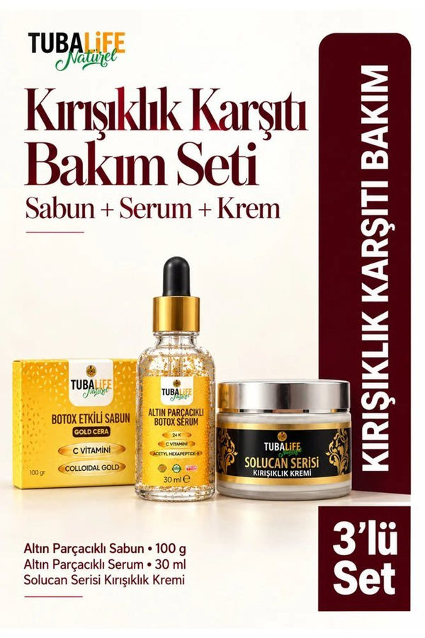 Altın Parçacıklı 3'lü Bakım Seti (Sabun + Serum + Kırışıklık Kremi)