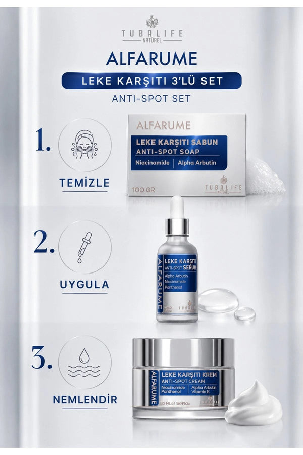 Alfarume Leke Karşıtı 3'lü Bakım Seti (Sabun + Serum + Krem)