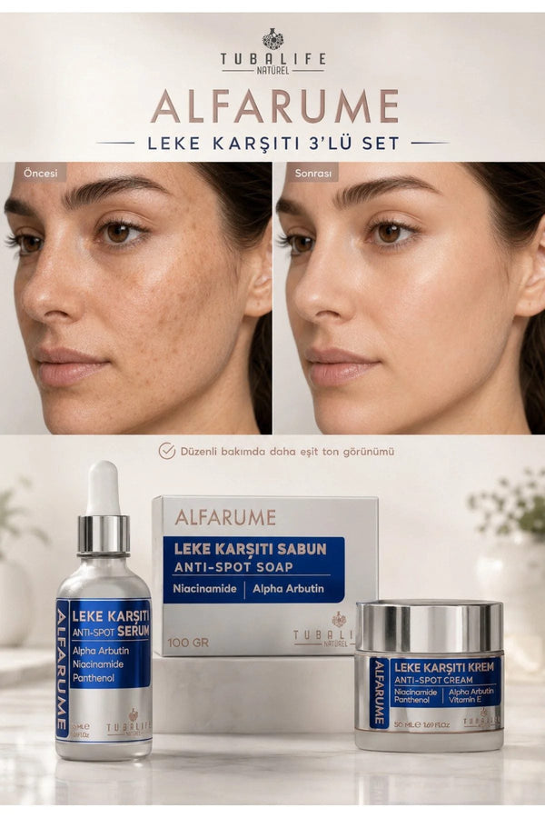 Alfarume Leke Karşıtı 3'lü Bakım Seti (Sabun + Serum + Krem)