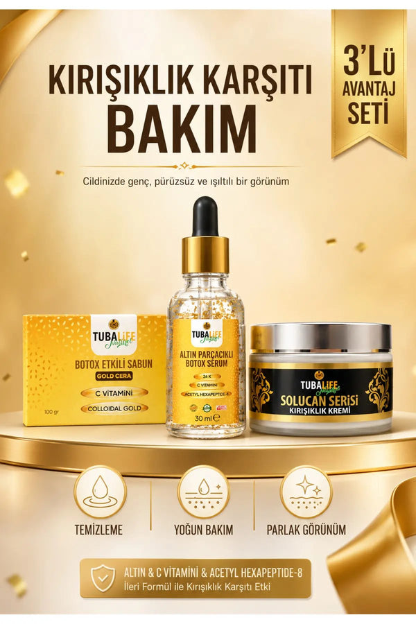 Altın Parçacıklı 3'lü Bakım Seti (Sabun + Serum + Kırışıklık Kremi)