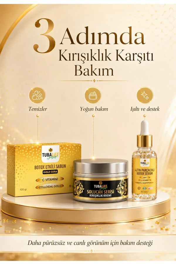 Altın Parçacıklı 3'lü Bakım Seti (Sabun + Serum + Kırışıklık Kremi)