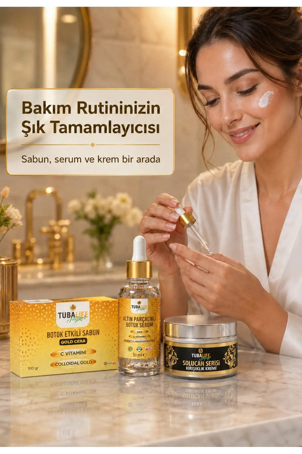 Altın Parçacıklı 3'lü Bakım Seti (Sabun + Serum + Kırışıklık Kremi)