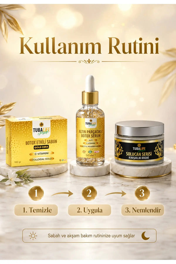 Altın Parçacıklı 3'lü Bakım Seti (Sabun + Serum + Kırışıklık Kremi)