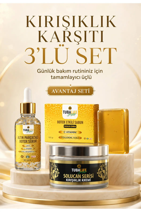 Altın Parçacıklı 3'lü Bakım Seti (Sabun + Serum + Kırışıklık Kremi)