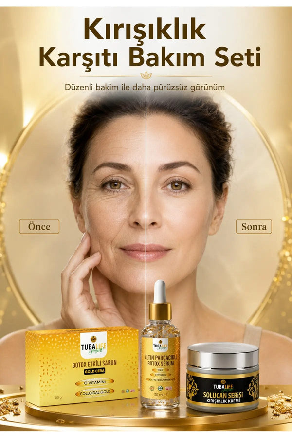 Altın Parçacıklı 3'lü Bakım Seti (Sabun + Serum + Kırışıklık Kremi)