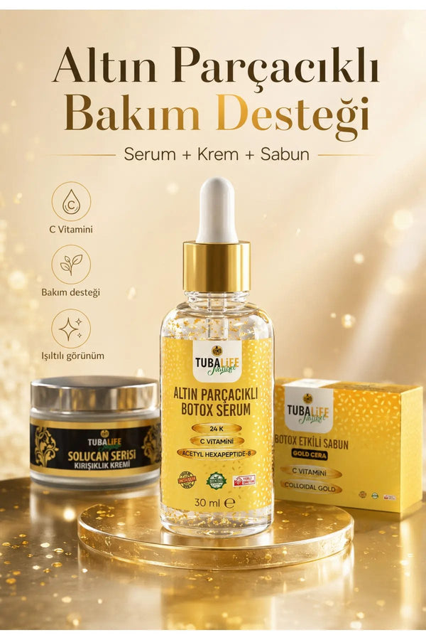 Altın Parçacıklı 3'lü Bakım Seti (Sabun + Serum + Kırışıklık Kremi)
